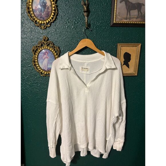 Free People Sweaters - FREE PEOPLE we the free White Waffle Weave Collared Travis Polo Medium Sweatshir